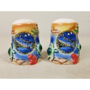 Hawaii Salt & Pepper Shakers Beach Ocean Turtle 2 1/2" Ceramic 80's Souvenir Vtg